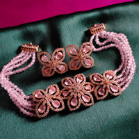 N0498_Classy pink crystal flower design choker necklace set studded  with  American diamond stones.