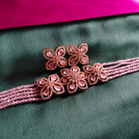 N0498_Classy pink crystal flower design choker necklace set studded  with  American diamond stones.