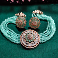 N0502_Classic designer sea green crystal Grand circular shaped pendant choker necklace set studded  with  American diamond stones.