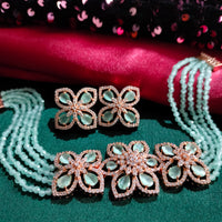N0499_Classy sea green crystal flower design choker necklace set studded  with  American diamond stones.