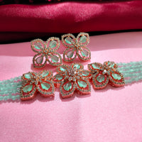 N0499_Classy sea green crystal flower design choker necklace set studded  with  American diamond stones.