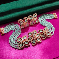 N0499_Classy sea green crystal flower design choker necklace set studded  with  American diamond stones.