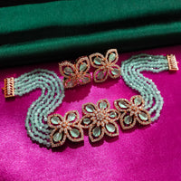 N0499_Classy sea green crystal flower design choker necklace set studded  with  American diamond stones.