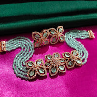 N0499_Classy sea green crystal flower design choker necklace set studded  with  American diamond stones.