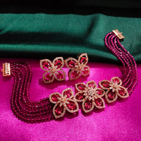 N0500_Classy Magenta crystal flower design choker necklace set studded  with  American diamond stones.