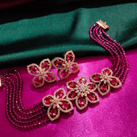 N0500_Classy Magenta crystal flower design choker necklace set studded  with  American diamond stones.
