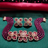 N0500_Classy Magenta crystal flower design choker necklace set studded  with  American diamond stones.