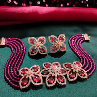 N0500_Classy Magenta crystal flower design choker necklace set studded  with  American diamond stones.