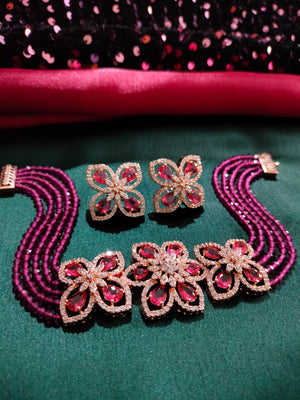 N0500_Classy Magenta crystal flower design choker necklace set studded  with  American diamond stones.