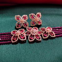N0500_Classy Magenta crystal flower design choker necklace set studded  with  American diamond stones.