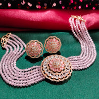N0504_Classic designer pink crystal Grand Square circular pendant choker necklace set studded  with  American diamond stones.
