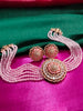 N0504_Classic designer pink crystal Grand Square circular pendant choker necklace set studded  with  American diamond stones.