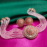 N0504_Classic designer pink crystal Grand Square circular pendant choker necklace set studded  with  American diamond stones.