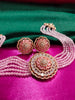N0504_Classic designer pink crystal Grand Square circular pendant choker necklace set studded  with  American diamond stones.