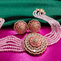 N0504_Classic designer pink crystal Grand Square circular pendant choker necklace set studded  with  American diamond stones.