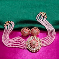 N0504_Classic designer pink crystal Grand Square circular pendant choker necklace set studded  with  American diamond stones.