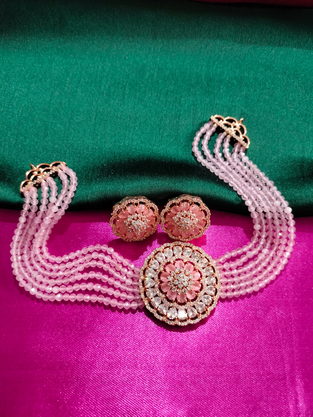 N0504_Classic designer pink crystal Grand Square circular pendant choker necklace set studded  with  American diamond stones.