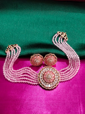 N0504_Classic designer pink crystal Grand Square circular pendant choker necklace set studded  with  American diamond stones.