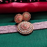 N0504_Classic designer pink crystal Grand Square circular pendant choker necklace set studded  with  American diamond stones.