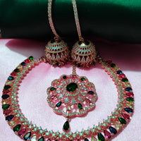 N0505_Gorgeous  designer rose gold american diamond embellished necklace set with a touch of  multi colour