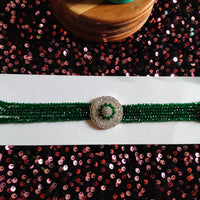 N0506_Classic designer green crystal Grand circular pendant choker necklace set studded  with  American diamond stones.