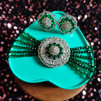 N0506_Classic designer green crystal Grand circular pendant choker necklace set studded  with  American diamond stones.