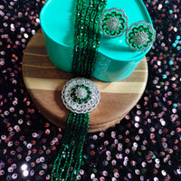 N0506_Classic designer green crystal Grand circular pendant choker necklace set studded  with  American diamond stones.