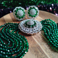 N0506_Classic designer green crystal Grand circular pendant choker necklace set studded  with  American diamond stones.