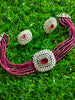 N0509_Classic designer magenta crystal Grand square pendant choker necklace set studded  with  American diamond stones.