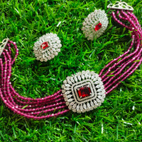 N0509_Classic designer magenta crystal Grand square pendant choker necklace set studded  with  American diamond stones.