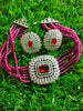 N0509_Classic designer magenta crystal Grand square pendant choker necklace set studded  with  American diamond stones.