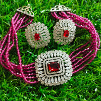 N0509_Classic designer magenta crystal Grand square pendant choker necklace set studded  with  American diamond stones.