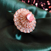R041_Lovely designer American Diamond studded statement ring with delicate stone work with a touch of pink stones.