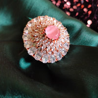 R041_Lovely designer American Diamond studded statement ring with delicate stone work with a touch of pink stones.