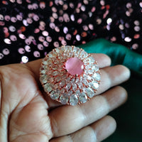 R041_Lovely designer American Diamond studded statement ring with delicate stone work with a touch of pink stones.
