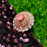 R041_Lovely designer American Diamond studded statement ring with delicate stone work with a touch of pink stones.