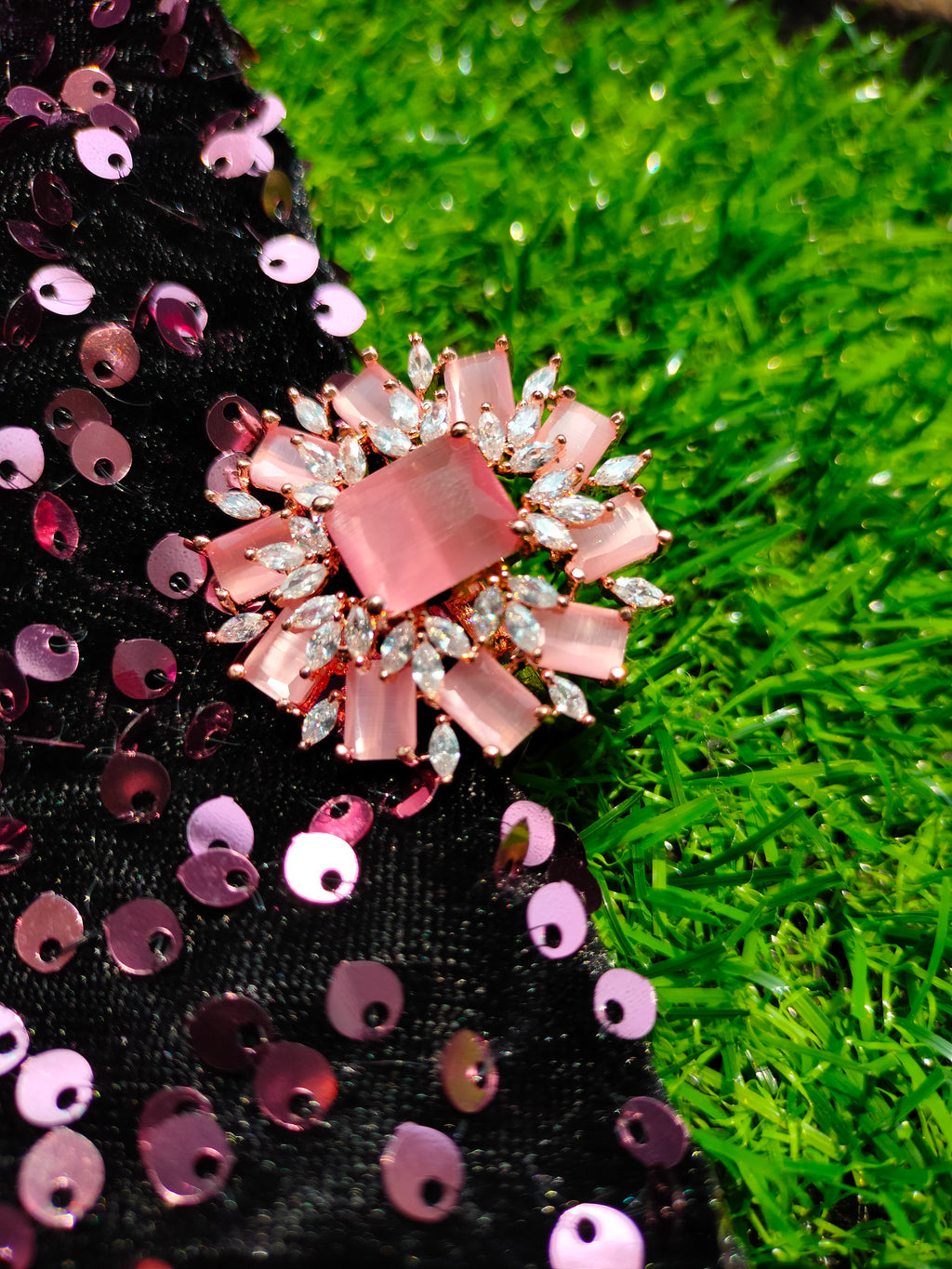 R045_Gorgeous Square design  statement ring  studded with American Diamond stones with a touch of pink stones.
