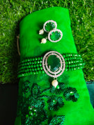 N0518_Classic crystal choker necklace set studded  with  American diamond stones with pearl drops.