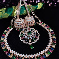 N0505_Gorgeous  designer rose gold american diamond embellished necklace set with a touch of  multi colour