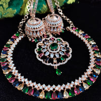 N0505_Gorgeous  designer rose gold american diamond embellished necklace set with a touch of  multi colour