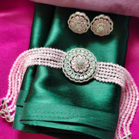 N0527_Classic designer crystal Grand circular shaped pendant choker necklace set studded  with  American diamond stones.