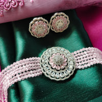N0527_Classic designer crystal Grand circular shaped pendant choker necklace set studded  with  American diamond stones.