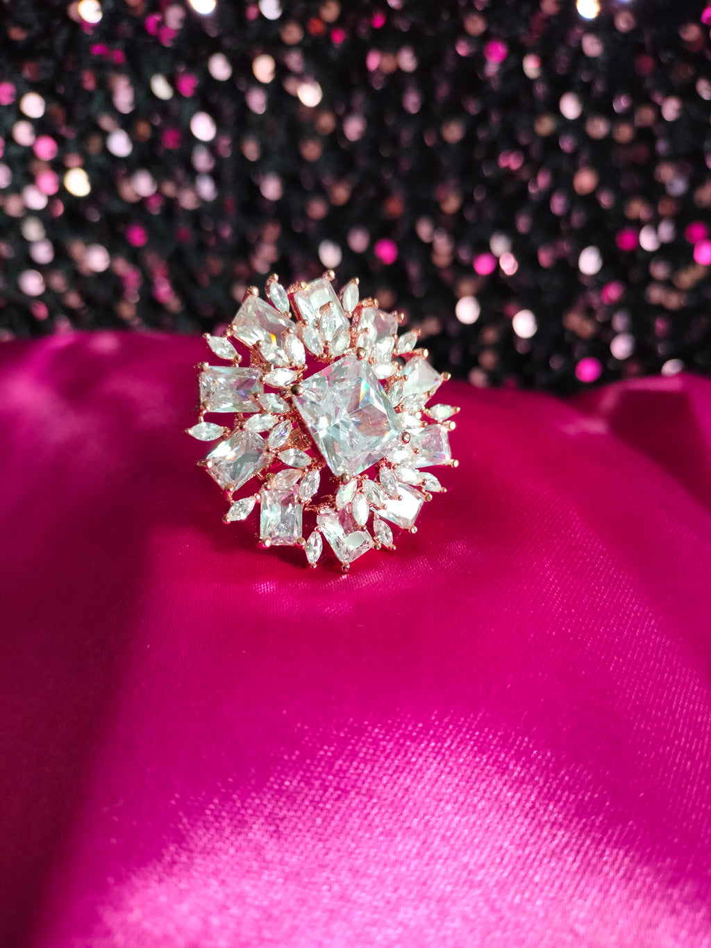 R046_Gorgeous Square design  statement ring  studded with American Diamond stones.