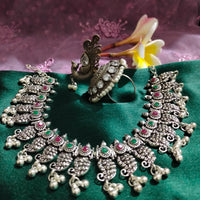 N0552_ Gorgeous German silver oxidized necklace with a touch of green & pink stones with a touch of bead drops.