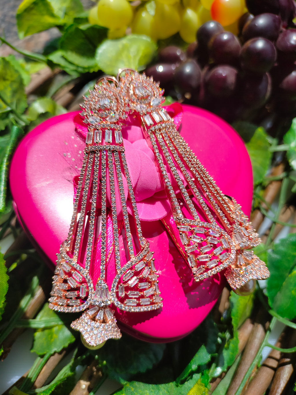 E0870_Elegant grand designer rose gold danglers with delicate stone work with a touch of pearl drop.