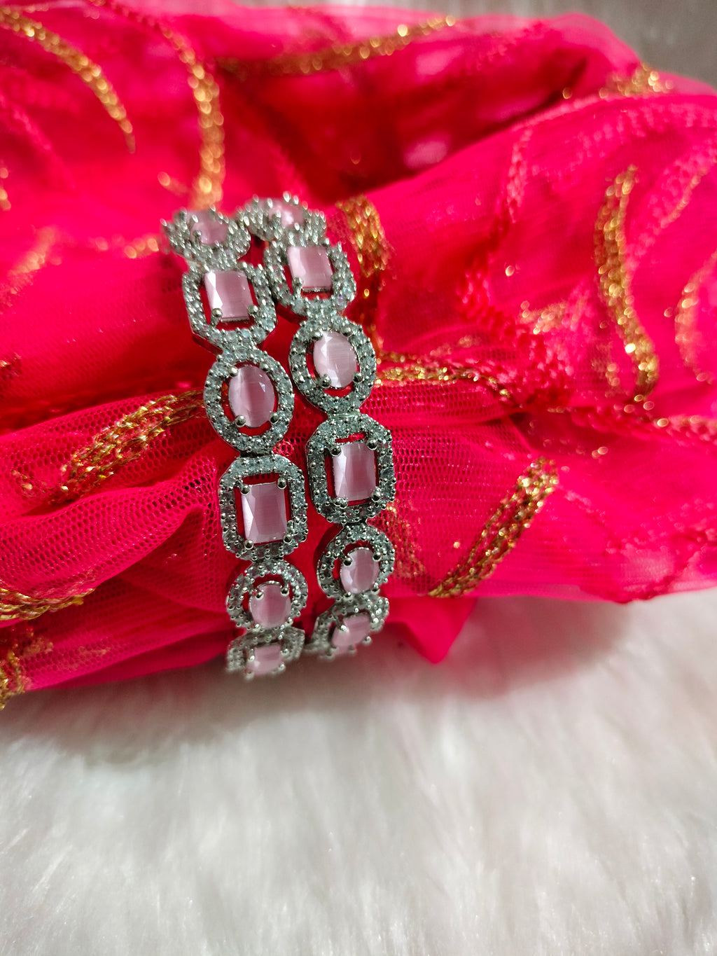 B0314_Elegant silver shade designer American Diamond bangles with a touch of pink stones.