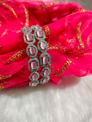 B0314_Elegant silver shade designer American Diamond bangles with a touch of pink stones.