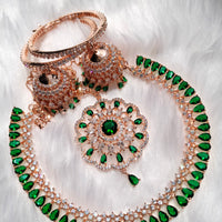 N0507_Elegant designer rose gold american diamond embellished necklace set with a touch of  green colour
