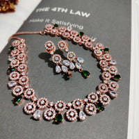 N0437_Elegant american diamond embellished necklace with a touch of green stone work.