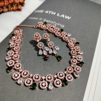 N0437_Elegant american diamond embellished necklace with a touch of green stone work.